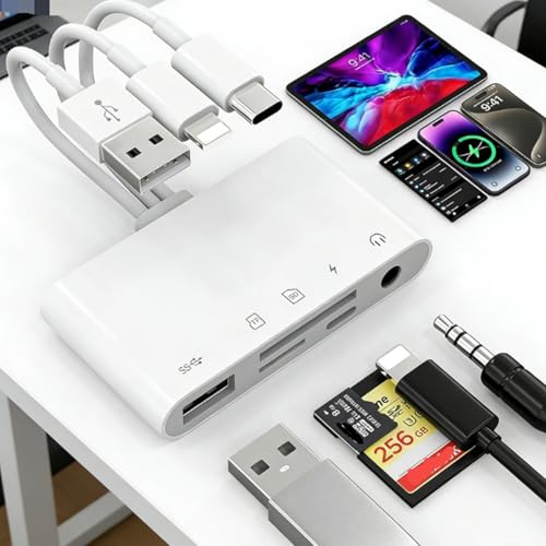 Universal 5-in-1 Memory Card Reader, 3-in-1 USB C/Lightning/USB A to SD/TF Adapter with 3.5mm Headphone Jack and Lightning Power Port (Charging Only), Compatible with iPhone, iPad, Android, Tablet