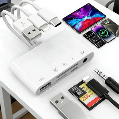 Universal 5-in-1 Memory Card Reader, 3-in-1 USB C/Lightning/USB A to SD/TF Adapter with 3.5mm Headphone Jack and Lightning Power Port (Charging Only), Compatible with iPhone, iPad, Android, Tablet