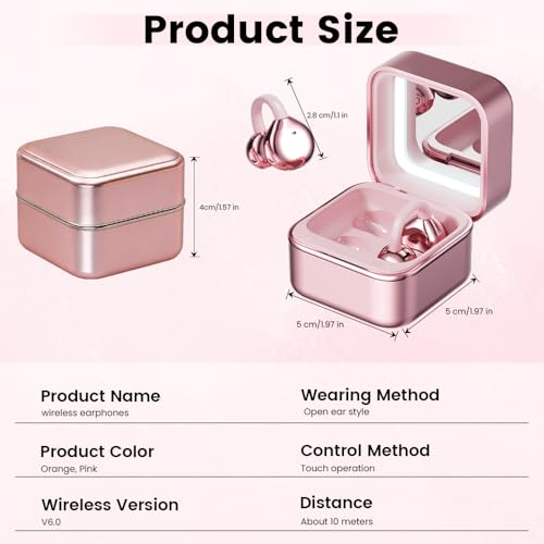 Clip On Ear Headphones with a Makeup Mirror, Open Ear Earbuds Wireless Bluetooth Earbuds,Ultra-Long Battery Life, for Android/iOS Phones (Rose Gold) - color: Rose gold