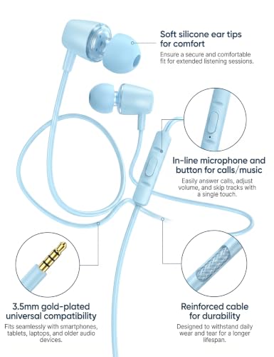 Glitter Skyblue Teens Wired Earbuds with Case, 3.5mm Headphones for School | GOGOSINIS Wired Student Earbuds with Glitter Blue Case, Braided Lanyard Wristlet & Star Keychain Charm, For School backpacks - color: Glitter Skyblue