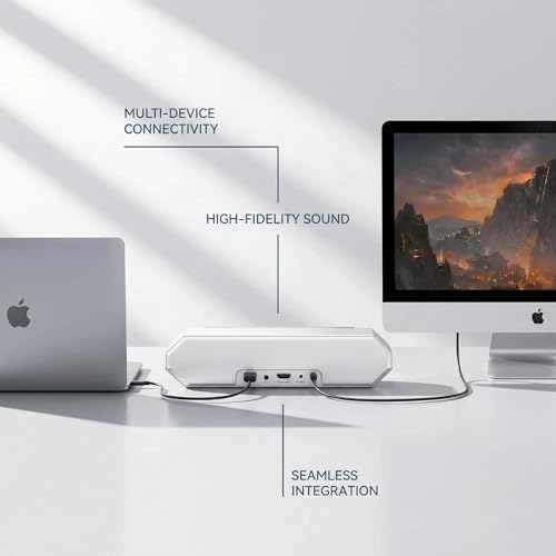 Wired Desktop Soundbar, High Volume Stereo Speakers with Subwoofer for PC, Laptop, and Mac, Compact Long-Shape Design, Clear Sound for Gaming & Movies (White) - color: White