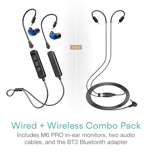 MEE audio M6 PRO Musicians' in-Ear Monitors Wired + Wireless Combo Pack: Includes IEMs, 2 Audio Cables and BT3 Hi-Res Bluetooth Audio Adapter w/aptX, LDAC, Auracast Support, & Built-in Headset (Blue) - color: Blue, style: IEMs + Bluetooth Adapter