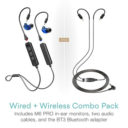 MEE audio M6 PRO Musicians' in-Ear Monitors Wired + Wireless Combo Pack: Includes IEMs, 2 Audio Cables and BT3 Hi-Res Bluetooth Audio Adapter w/aptX, LDAC, Auracast Support, & Built-in Headset (Blue) - color: Blue, style: IEMs + Bluetooth Adapter