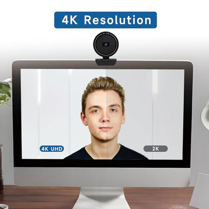 4K USB Webcam for Desktop Laptop, Auto Focus 85° Wide Angle Camera with Built-in Speaker, Dual Noise Cancelling Mics & Privacy Cover, Plug and Play