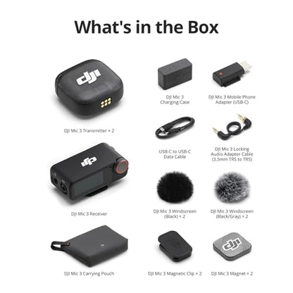 DJI Mic 3 (2 TX + 1 RX + Charging Case) Advanced Mini Wireless Microphone CP.RN.00000480.01 Bundle with 1 YR CPS Enhanced Protection Pack, 2X Deco Essentials 3.5mm Clip-On Mini Lapel Mic - size: DJI Mic 3 + 1 YR CPS Bundle