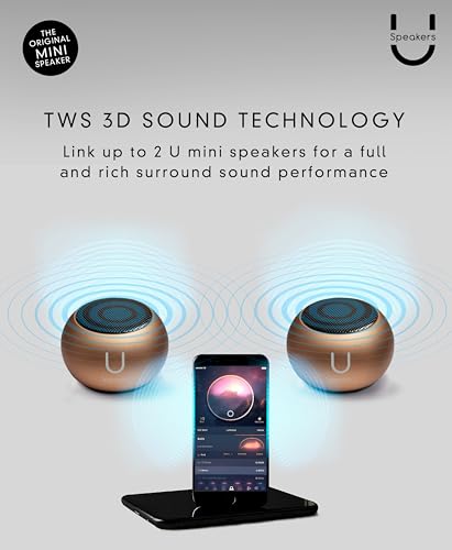 Fashionit U Mini, Tiny Bluetooth Speaker with Magnetic Base, Gold | aluminum shell, Wireless, TWS stereo pairing, 30 foot range, rechargeable battery, magnetic base, travel and gifting
