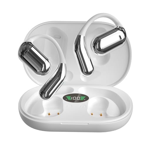 Open-Ear Wireless Headphones Bluetooth Earbuds LED Power Display Charging Case Ear Buds Earhook Over-Ear Earphones for Workout Sports Phone Laptop (White) - color: #06White