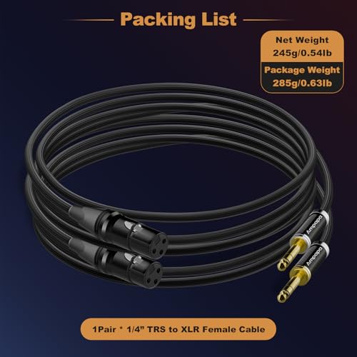 TRS to XLR Cable: 1/4 Inch Balanced Male to XLR Female Audio Cable, 6N OFC, Gold Plated, Braided Shielded Cord for Q1 DAC, D1 Amp, Preamp, Studio, HiFi (1 Pair)