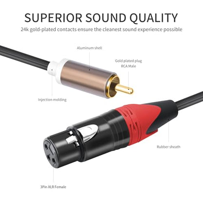 RCA to XLR HiFi Audio Cable 10 Feet, 2 RCA Male to 2 XLR Female, Black with Red/Black Tail, 4N OFC Wire and Gold-Plated Conductors for Amplifier, Mixer, Microphone - size: 10FT, style: 2 RCA Male to 2 XLR Female