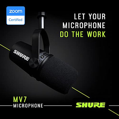 Shure MV7 USB Podcast Microphone for Podcasting, Recording, Live Streaming & Gaming, Built-in Headphone Output, All Metal USB/XLR Dynamic Mic, Voice-Isolating Technology, TeamSpeak Certified - Black | Live Streaming and Gaming, Built In Headphone Output,