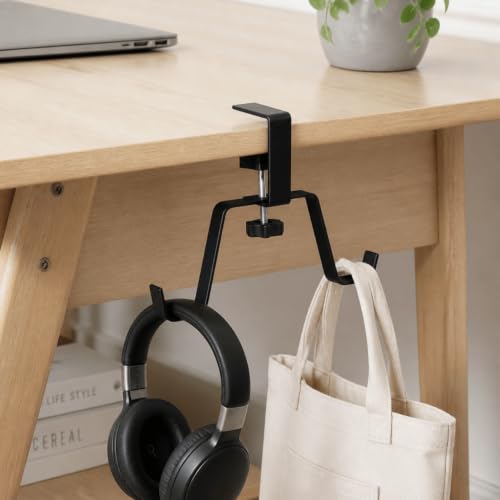 Clamp-On Under Desk Hook – Adjustable Headphone & Bag Holder for Table/Desk – Fits 1-5cm Plate – Reduces Clutter (Black)