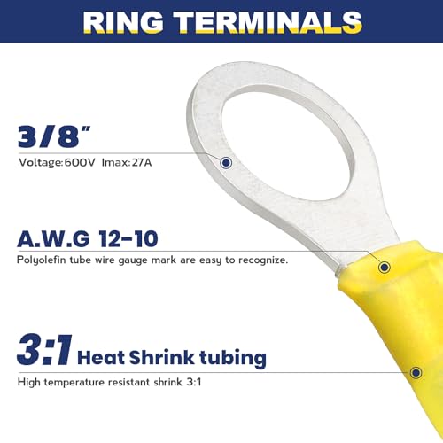 haisstronica 100PCS Heat Shrink Ring Terminals, 12-10 AWG, 3/8 in, Yellow | Battery and Ground Stud Connections, 1.0 mm Copper Barrel, 3:1 Adhesive-Lined Seal, Automotive Wiring Repairs, Ring Connector - color: Yellow, size: Ring 3/8"