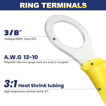 haisstronica 100PCS Heat Shrink Ring Terminals, 12-10 AWG, 3/8 in, Yellow | Battery and Ground Stud Connections, 1.0 mm Copper Barrel, 3:1 Adhesive-Lined Seal, Automotive Wiring Repairs, Ring Connector - color: Yellow, size: Ring 3/8"