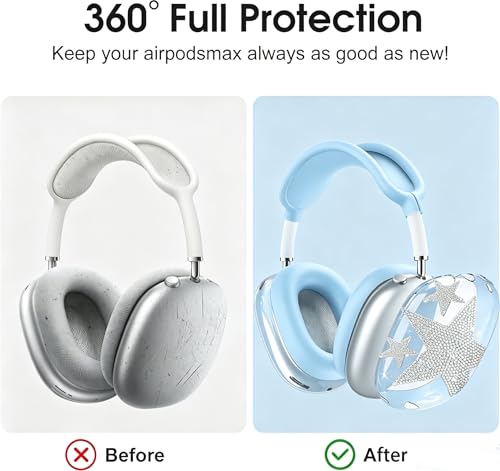[4 in 1] Case Cover for AirPods Max 2/1 (2026/2024/2020) Ear Pad Case Cover/Headband Cover/Ear Cups Cover with Bling Star for Apple AirPods Max Headphones (Bling Sky Blue Star) - color: Bling Sky Blue Star