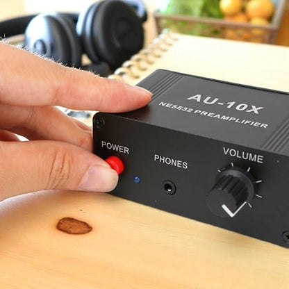 12V RCA Preamplifier, Audio Phono Preamp with Power Adapter, Mini Stereo Headphone Signal Home Amplifier, Gain 20dB for Turntable Pre amp Dual OP AMP AUX10X NE5532, RCA Input to 3.5mm Output