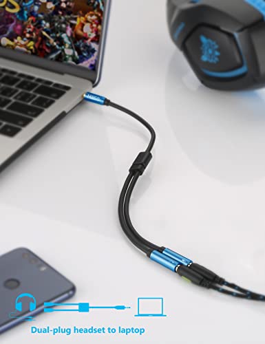 3.5mm Headphone Splitter Adapter CTIA Stereo Audio Mic Splitter | 2 TRS Female to 1 TRRS Male Headset Adapter for Dual-Plug Game Headset to Xbox, PS4, Phone, Laptop, PC - 30 cm / 12 inch - color: Sapphire Blue