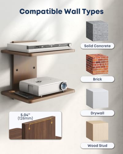 Floating TV Projector Shelf Wall Mount - 2 Tier Wooden Shelf, Walnut Brown | Home Decor, Cable Management, DVD Player, Router, Game Console, Cable Box, Play Station, Holds Up to 22lbs per Shelf - size: 2-Tier Shelf