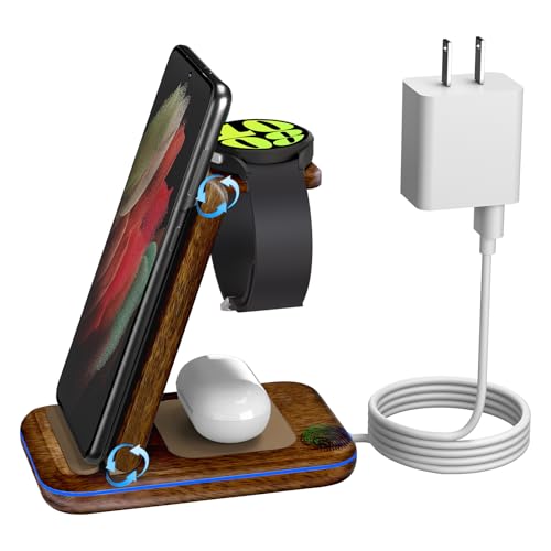 Wireless Charger for Samsung/Android, HOLYJOY Foldable 3 in 1 Fast Charging Station/Stand/Multi Charger for Samsung S25 Ultra/S24/Note 20, Travel Pad for Galaxy Watch 8/7/6/5/Active 2, for Buds(Wood) - color: Wood