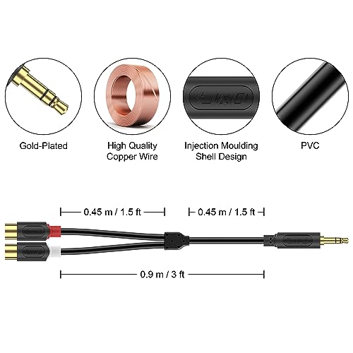 J&D Aux to RCA Cable, Gold Plated Audiowave Series 3.5mm Male to 2RCA Female Auxiliary Stereo Audio Adapter Headphone Jack Y Splitter Compatible with Smartphones, MP3, Tablets, Speakers, 3 Feet