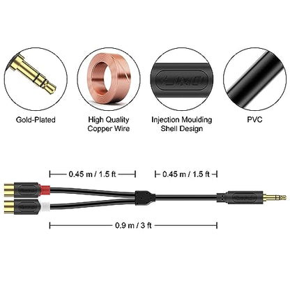 J&D Aux to RCA Cable, Gold Plated Audiowave Series 3.5mm Male to 2RCA Female Auxiliary Stereo Audio Adapter Headphone Jack Y Splitter Compatible with Smartphones, MP3, Tablets, Speakers, 3 Feet