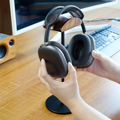 GEVO Headphone Stand for Desk, Walnut Wood & Aluminum Headset Stand, Universal Walnut Gaming Headset Holder with Solid Heavy Base for AirPod Max, Bose, Sony All Headphone Sizes (Circular Base)