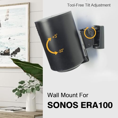 Monzlteck Wall Mount Bracket for Sonos Era 100, Heavy Duty Metal Smart Speaker Holder, Full Motion Swivel and Tilt (3° to -23°), ±45° Horizontal Rotation, Tool-Free Adjustment, Easy Installation