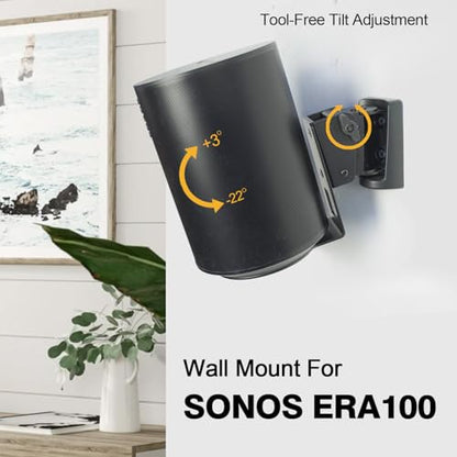 Monzlteck Wall Mount Bracket for Sonos Era 100, Heavy Duty Metal Smart Speaker Holder, Full Motion Swivel and Tilt (3° to -23°), ±45° Horizontal Rotation, Tool-Free Adjustment, Easy Installation