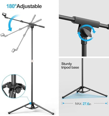 Mic Stand with Boom Arm with Carrying Bag and 2 Mics Clips, 1 Pack