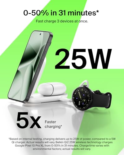 Belkin Qi2.2 25W Wireless 2 in 1 Foldable Fast Charging Station for iPhone | Fast Charging, MagSafe Compatible, iPhone 17/16/15, AirPods, Travel Charger, Magnetic - color: White