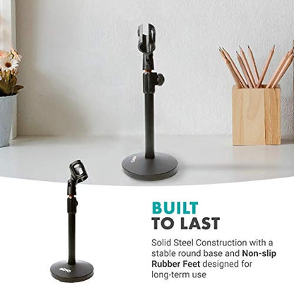 Movo TMC-3 Small Adjustable Table Mic Stand with Round Base and Universal Mic Clip. Table Top Mic Stand Height is Adjustable with Weighted Base Sits on Desk Ideal for Podcast, Livestream, & Interviews
