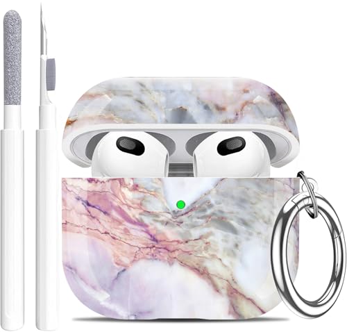 Compatible with Airpods 3rd Generation Case - Wonjury Protective Hard Compatible with Airpods 3 Case Cover with Cleaner Kit Women Girls Keychain, Lavender Marble - color: Lavender Marble