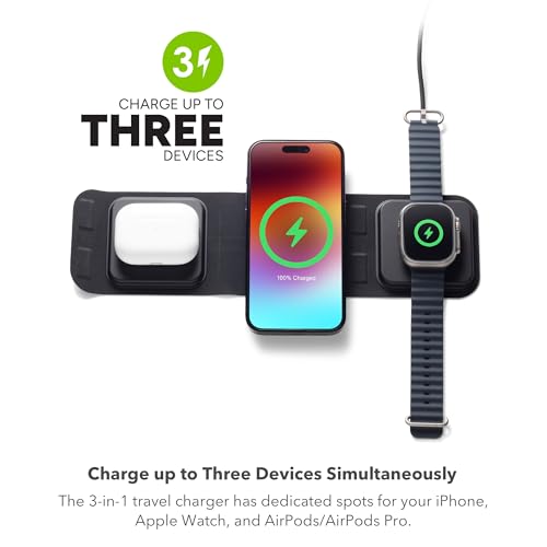 Mophie 3-in-1 Travel Charger v2 with MagSafe - Portable Wireless Charging Hub, Compatible with Apple Devices, iPhone 17/16/15/14/13/12, Apple Watch Series 11 to 1 & Ultra, AirPods Pro/3rd Gen, Black - color: Black, style: Gen 2