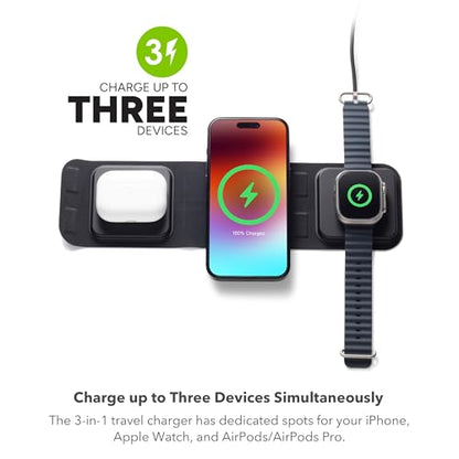 Mophie 3-in-1 Travel Charger v2 with MagSafe - Portable Wireless Charging Hub, Compatible with Apple Devices, iPhone 17/16/15/14/13/12, Apple Watch Series 11 to 1 & Ultra, AirPods Pro/3rd Gen, Black - color: Black, style: Gen 2