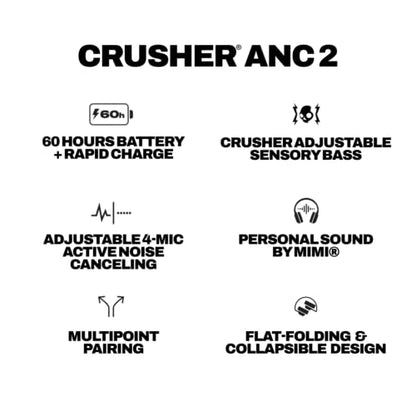 Skullcandy Crusher ANC 2 Noise Cancelling Wireless Headphones - True Black | Multi-Sensory Crusher Bass, Over-Ear Fit, Bluetooth, 60 Hours Battery, Working Out, Gym, Travel, Studying, Music, Gaming - color: True Black