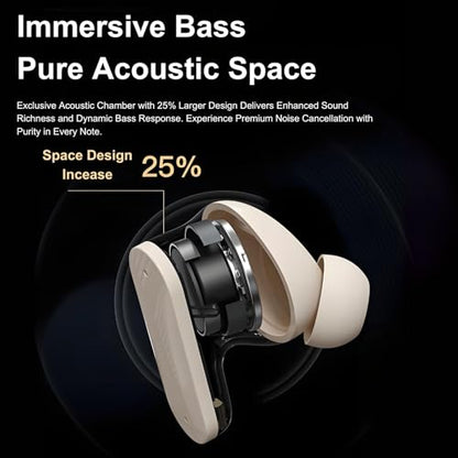 TINGER in-Ear ANC Wireless Earbuds, 35dB Active Noise Canceling Bluetooth Headphones, 24H Playtime Hi-Fi Bass Earphones with IPX4 Waterproof, Built-in Mic for Travel Workout - color: Beige