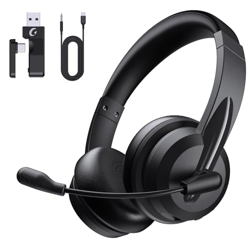 AOC Wireless Headset with Mic for Work, AI Noise Cancelling, Bluetooth | AI Noise Cancelling Mic, Bluetooth 5.3, USB-A/C Dongle Included, Mic Mute, Compatible with PC, Laptop & iPhone - color: Black