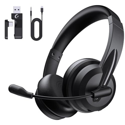 AOC Wireless Headset with Mic for Work, AI Noise Cancelling, Bluetooth | AI Noise Cancelling Mic, Bluetooth 5.3, USB-A/C Dongle Included, Mic Mute, Compatible with PC, Laptop & iPhone - color: Black