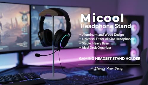 Micool Headphone Stand, Aluminum & Wood Holder with Heavy Stable Base, Universal Gaming Headset Stand for Desk, Compatible with All Over-Ear Headphones