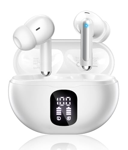 Wireless Earbuds, Bluetooth 5.4 Ear Buds Bass Stereo, Headphones with Noise Cancelling Mic, LED Display in Ear Earphones Clear Calls, IP7 Waterproof Bluetooth Earbuds for Phone/Android/iPad, White - color: White