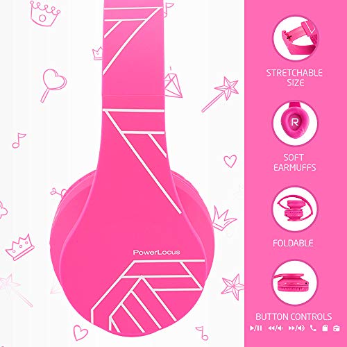 PowerLocus Kids Headphones Over-Ear, Bluetooth Wireless Headphones for Kids,with Microphone, Safe 85DB Volume Limited, Foldable with Carry Case, Audio Cable, Micro SD mode for Online Classes,PC,Phones - color: Pink