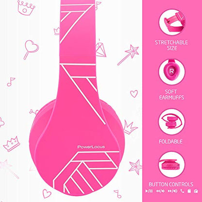 PowerLocus Kids Headphones Over-Ear, Bluetooth Wireless Headphones for Kids,with Microphone, Safe 85DB Volume Limited, Foldable with Carry Case, Audio Cable, Micro SD mode for Online Classes,PC,Phones - color: Pink