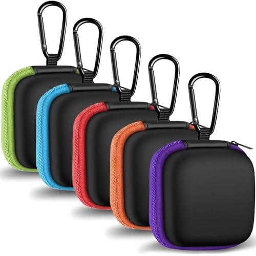 5 Pack Earbud Case Storage Bag with Carabiner for Headphones, Square - color: A1-Square-green+blue+red+orange+purple