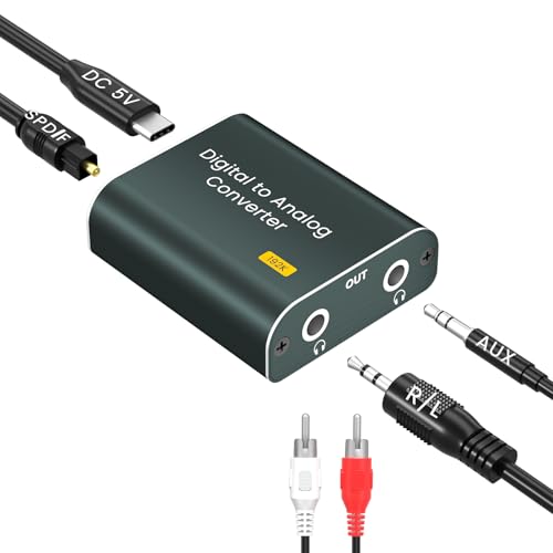 Digital to Analog Audio Converter,192kHz DAC Converter Digital Optical to Dual Analog 3.5mm AUX Audio Adapter with Optical Cable 3.5 Audio Cable and 3.5 to RCA Cable