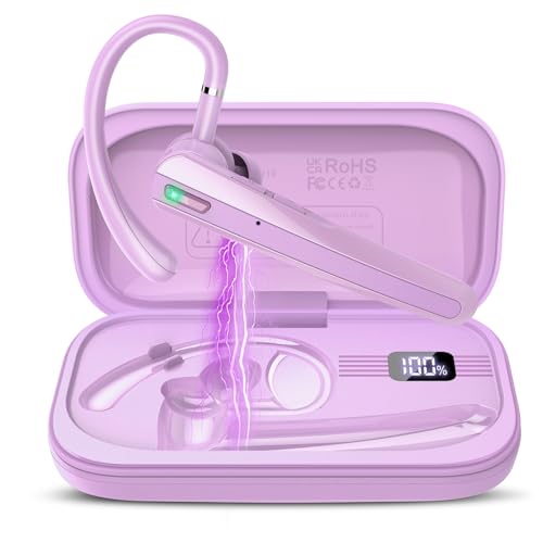 Bluetooth Headset V5.3, Wireless Headset with ENC Noise Canceling Mic | 120Hrs Talk Single-Ear Bluetooth Earpiece, LED Display, IP7 Waterproof Hand-Free Earphone for Business/Trucker, Purple - color: Purple