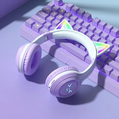 Cat-Ear Wireless Headphones Bluetooth 5.3 Over the Ear Headphones with RGB Light Built-in Mic Foldable Fashionable Stereo Headset Support TF Card for Gaming Travel PC Phone iPad（Dreamy Purple） - color: Dreamy Purple