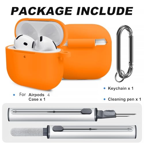 for Airpods 4th Case Cover, Come with Cleaner Kit,Soft Skin Silicone Case Cover with Keychain, Front LED Visibl, Full Protective Case，Compatible with AirPods 4th(Orange) - color: A8-Orange