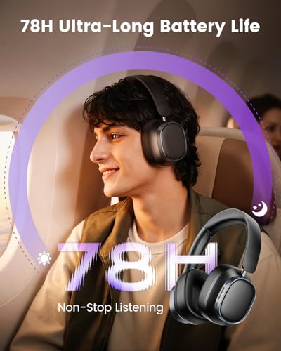 Active Noise Cancelling Headphones,78H Wireless Bluetooth Headphones | Over-Ear Headset,Bluetooth 6.0,Hi-Res,Low Latency,Foldable,Ideal for Travel,Home,Office,Cellphone,PC,Deep Black