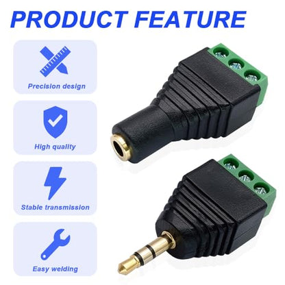 3.5mm Screw Terminal Gold Plated, 1/8" TRS Male to 3 Pin Screw Terminal with 1/8" TRS Female to 3 Pin Screw Terminal, Balun Solderless Converter with Screwdriver - color: 3Pin