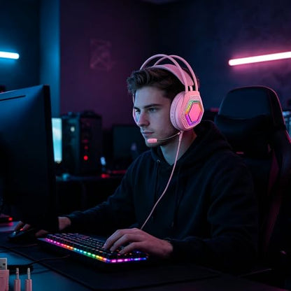 LICAEVEY Wired USB Gaming Headset for PC Switch Mobile Devices, 3.5mm RGB Headphones with 50mm Driver Unit 7.1 Surround Sound Noise Cancelling Microphone (Pink) - color: Pink