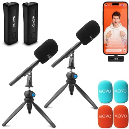 Movo WireL Mini DI-Duo Wireless Microphone for iPhone Podcast Equipment Bundle with WMX-HM Handle/Desktop Mic Stand - Wireless iPhone Mics for Podcasting, Interviews, and Content Creation - size: Lightning